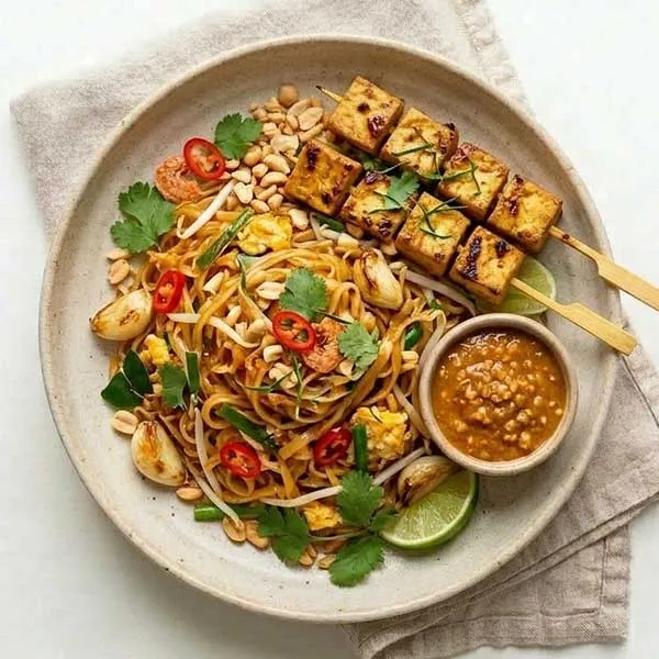 Pad thai noodle with tofu satay